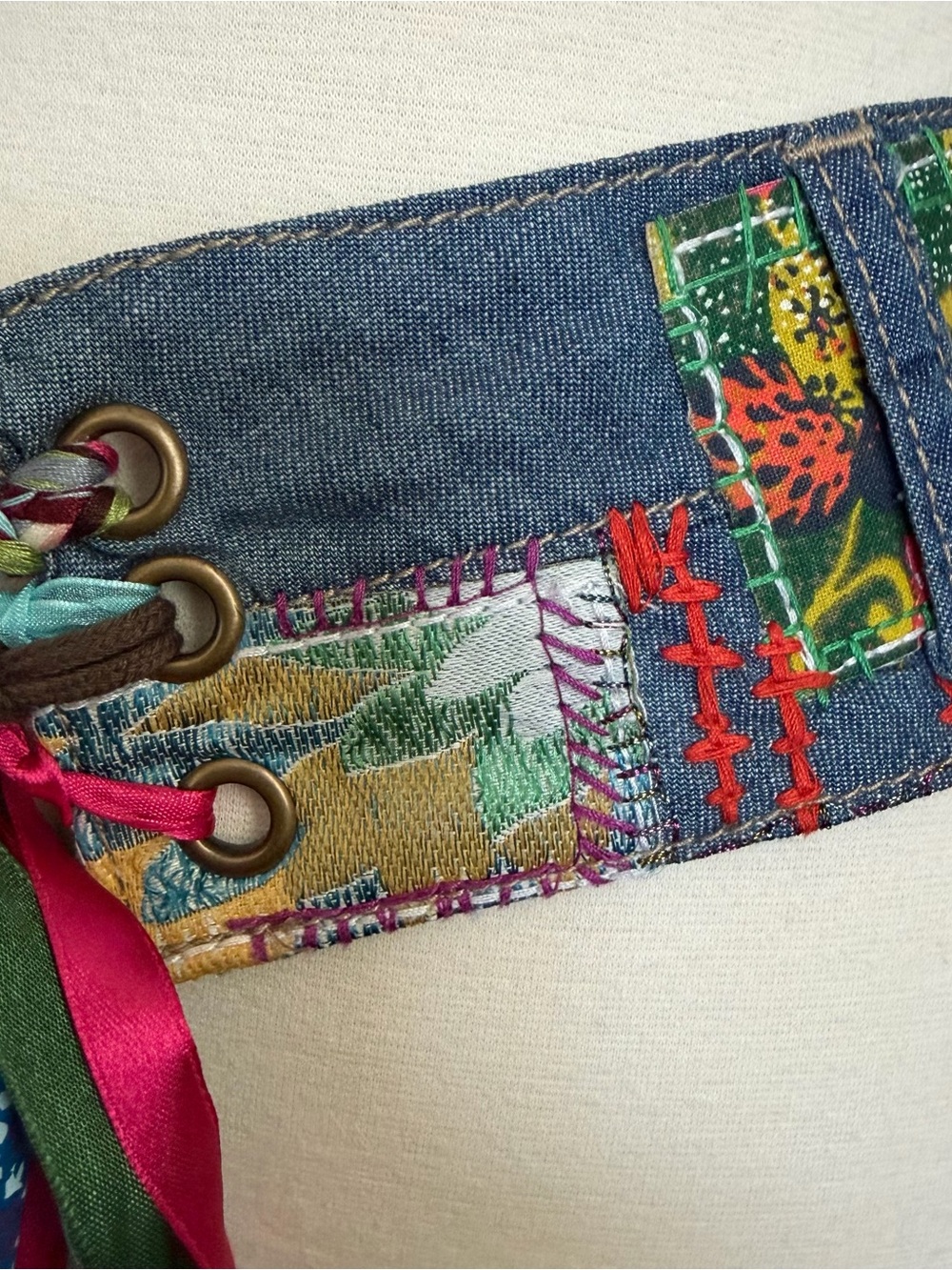 Handmade Boho Patchwork Denim Belt Art Ribbon Lace Up Festival OOAK - Picture 4 of 15